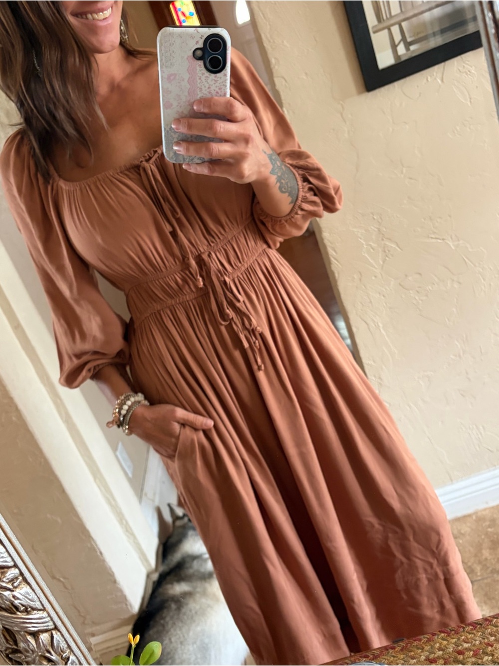 Baltic Born Rust Brown Peasant Maxi Dress with Elastic Waist